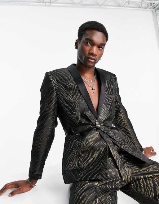 ASOS DESIGN - Ruimvallend colbert met jacquard bladpatroon in zwart en goud 