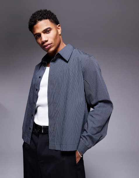 ASOS DESIGN - Ruimvallend cropped poplin overhemd met verborgen knoopbies in zwart met krijtstreep - view 1