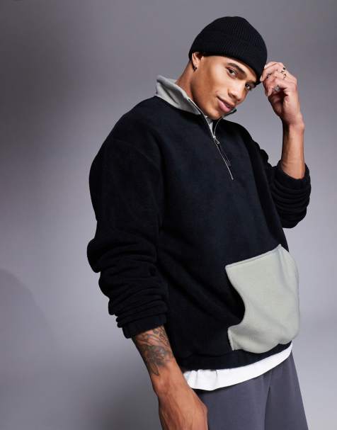 ASOS DESIGN - Ruimvallend fleece sweatshirt met korte rits en zak in zwart - view 1