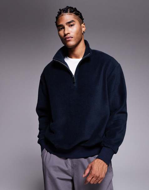 ASOS DESIGN - Ruimvallend fleece sweatshirt met opstaande boord en korte rits in marineblauw - view 1