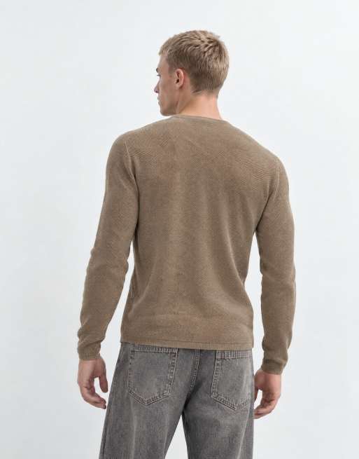 ASOS DESIGN - Ruimvallend gebreid Henley shirt met lange mouwen in beige, 6 van 9