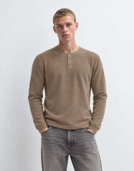 ASOS DESIGN - Ruimvallend gebreid Henley shirt met lange mouwen in beige, 7 van 9
