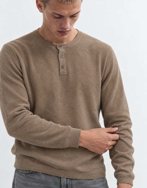 ASOS DESIGN - Ruimvallend gebreid Henley shirt met lange mouwen in beige, 8 van 9