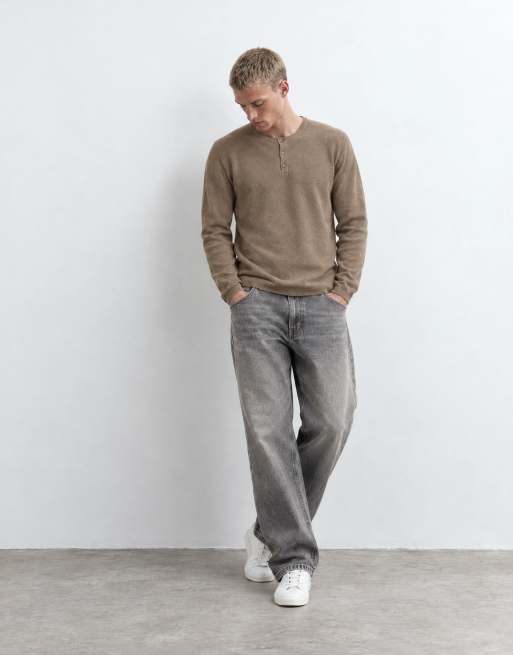 ASOS DESIGN - Ruimvallend gebreid Henley shirt met lange mouwen in beige, 9 van 9