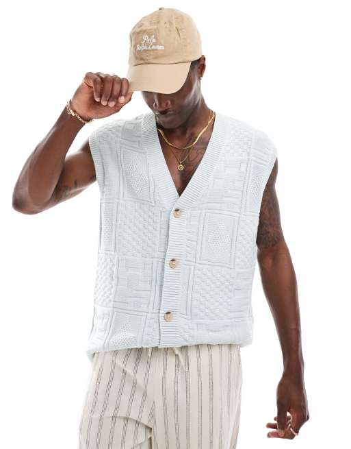ASOS DESIGN - Ruimvallend gebreid mouwloos vest met textuur en knoopsluiting in lichtblauw