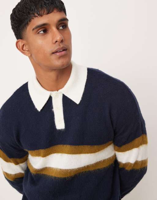 ASOS DESIGN - Ruimvallend gebreid rugbyshirt met polokraag en streep in marineblauw