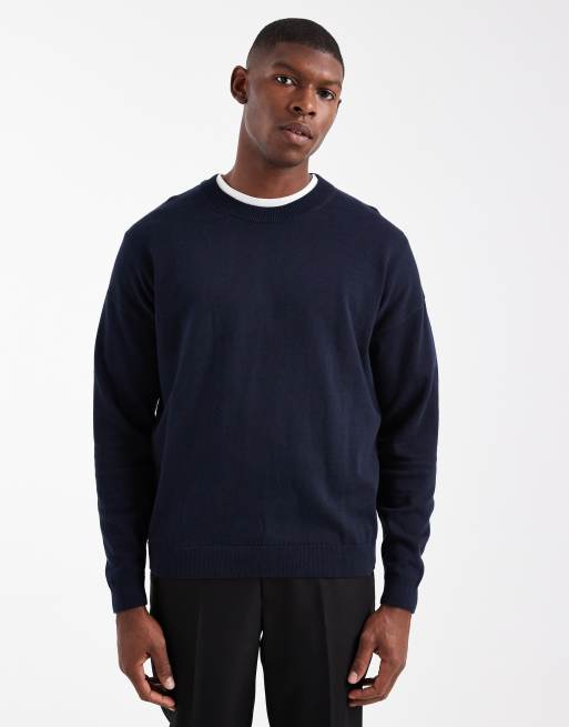 ASOS DESIGN - Ruimvallend gebreid T-shirt met lange mouwen en ronde hals in marineblauw