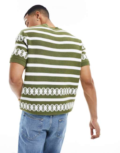 ASOS DESIGN - Ruimvallend gebreid T-shirt met ronde hals en kaki strepenpatroon aan de randen, 2 van 4