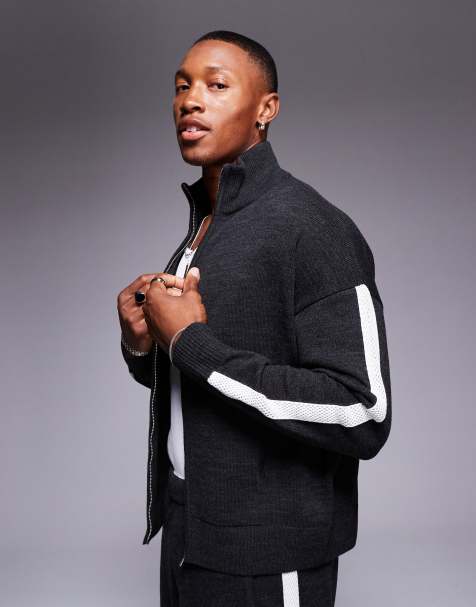 ASOS DESIGN - Ruimvallend gebreid trainingsjack met rits en zijstreep in donkergrijs - view 1