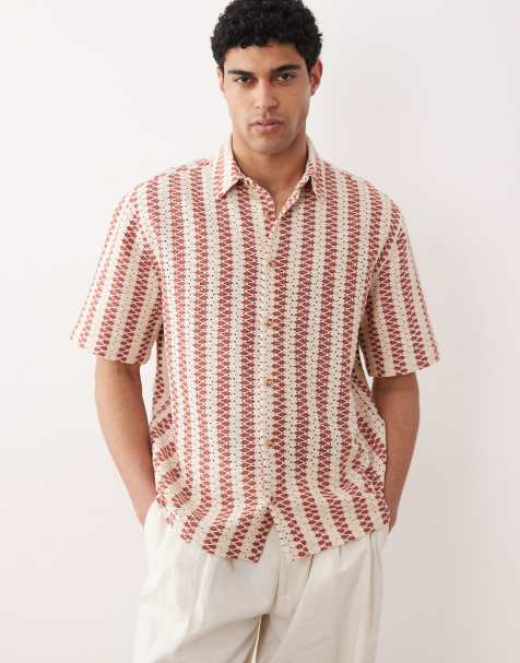 ASOS DESIGN - Ruimvallend gehaakt gestreept overhemd in rood en naturel - view 1