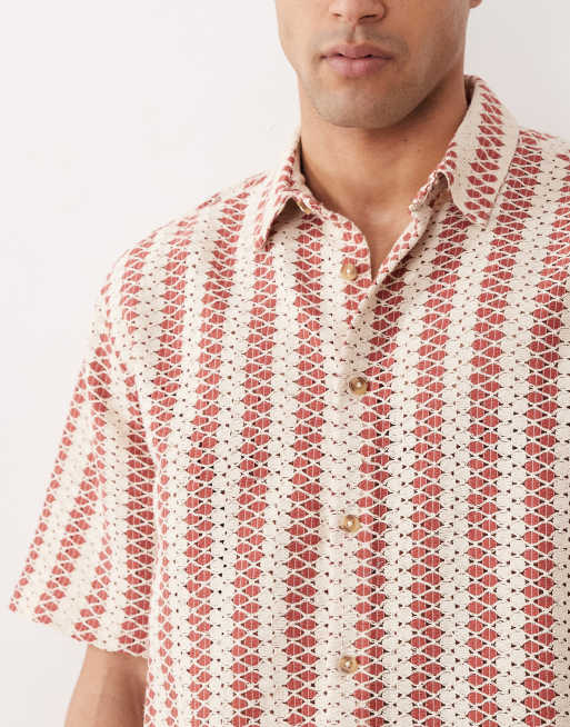 ASOS DESIGN - Ruimvallend gehaakt gestreept overhemd in rood en naturel, 3 van 5