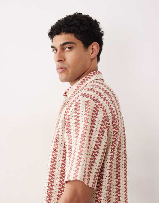 ASOS DESIGN - Ruimvallend gehaakt gestreept overhemd in rood en naturel, 4 van 5