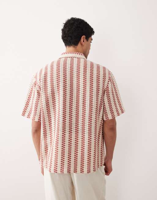 ASOS DESIGN - Ruimvallend gehaakt gestreept overhemd in rood en naturel, 5 van 5