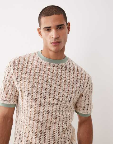 ASOS DESIGN - Ruimvallend geribbeld gebreid T-shirt met gekleurd randje in crème - view 1
