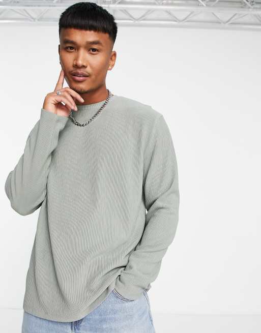 ASOS DESIGN - Ruimvallend geribbeld T-shirt met lange mouwen van zware stof in kaki met wassing