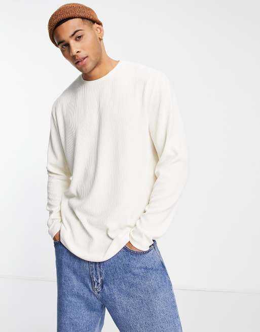 ASOS DESIGN - Ruimvallend geribbeld T-shirt van zware stof met lange mouwen in gebroken wit