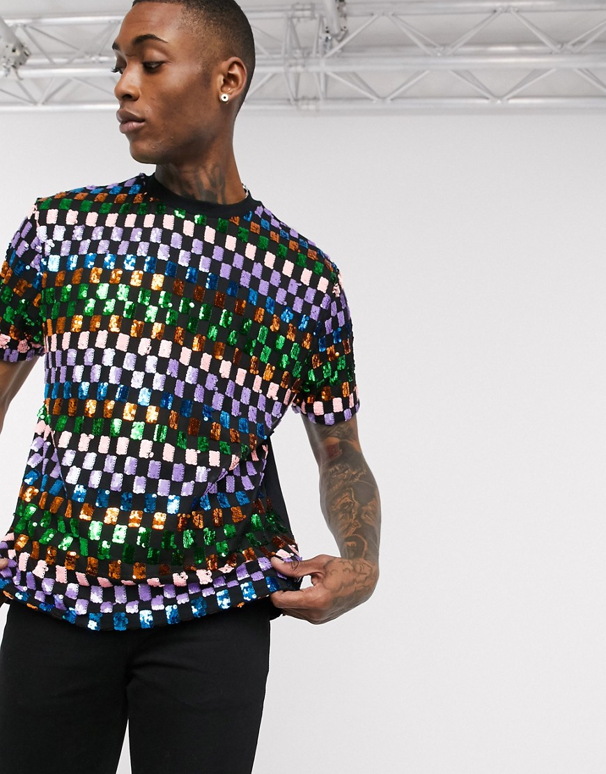 ASOS DESIGN - Ruimvallend geruit T-shirt met regenboog lovertjes-Multi