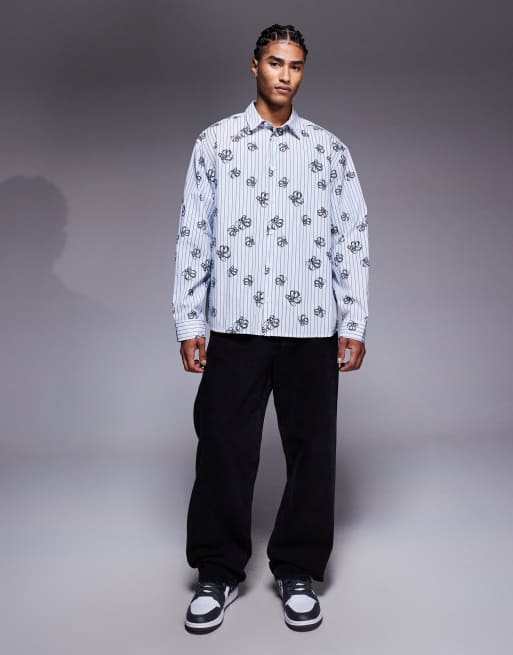ASOS DESIGN - Ruimvallend gestreept overhemd met bloemenprint in blauw, 2 van 5