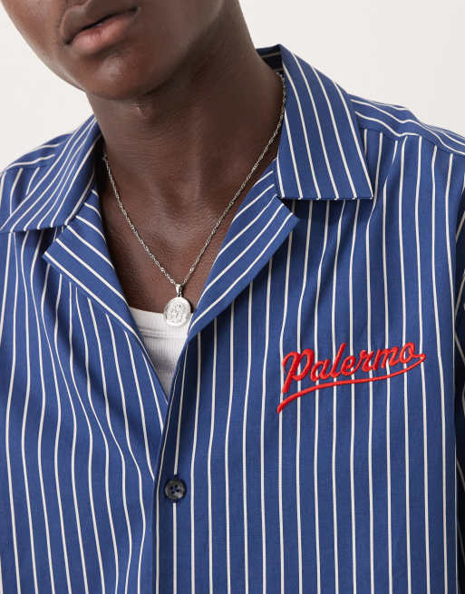 ASOS DESIGN - Ruimvallend gestreept overhemd met geborduurd logo op de borst in blauw, 5 van 5