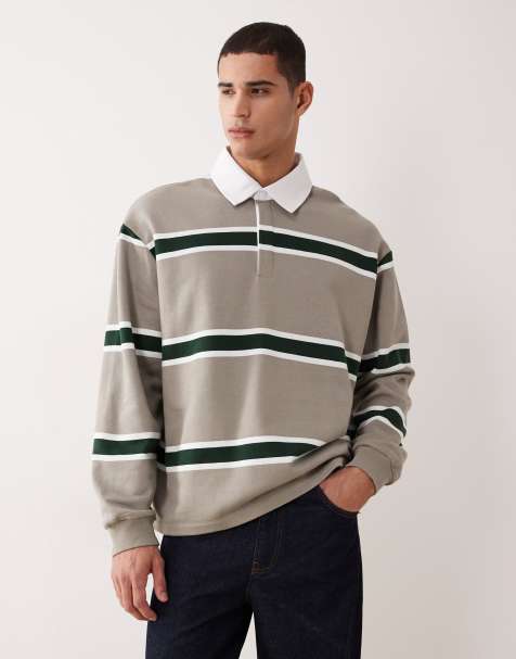 ASOS DESIGN - Ruimvallend gestreept polo-sweatshirt met geweven logopatch in stone - view 1
