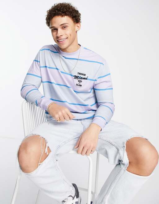 ASOS DESIGN - Ruimvallend gestreept T-shirt met lange mouwen en Miami-print op de borst in blauw