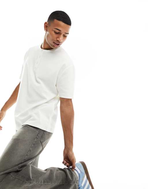 ASOS DESIGN - Ruimvallend grandad T-shirt met wafeltextuur in gebroken wit 