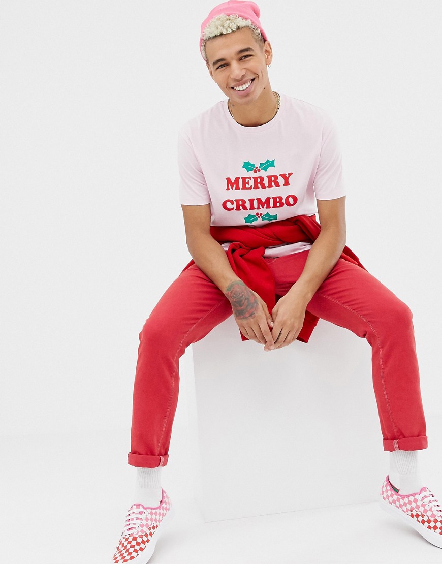 ASOS DESIGN - Ruimvallend kerst T-shirt met merry crimbo-print-Roze