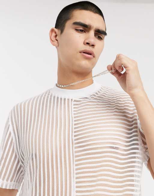 ASOS DESIGN - Ruimvallend lang mesh T-shirt met strepen in wit