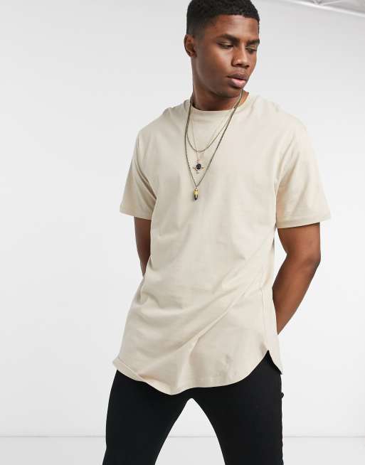 ASOS DESIGN - Ruimvallend lang T-shirt met ronde zoom in beige 