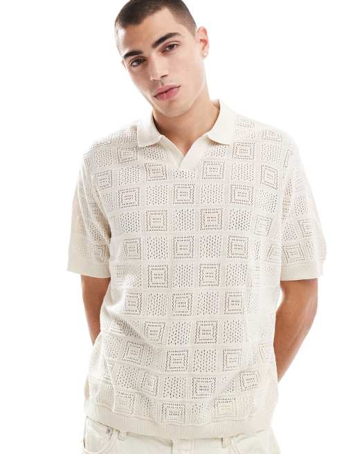 ASOS DESIGN - Ruimvallend lichtgewicht gebreid recht poloshirt met dambordmotief in ecru