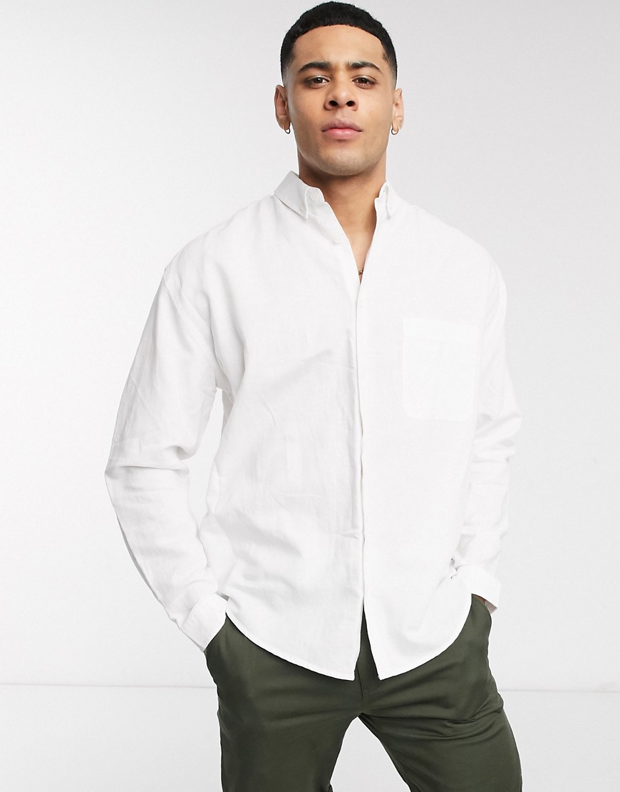 ASOS DESIGN - Ruimvallend linnen overhemd met knoopkraag in wit