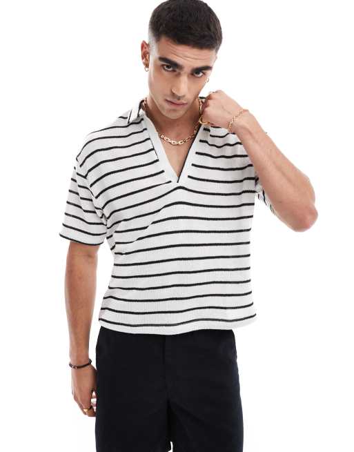 ASOS DESIGN - Ruimvallend losgebreid poloshirt met strepen in marineblauw en wit