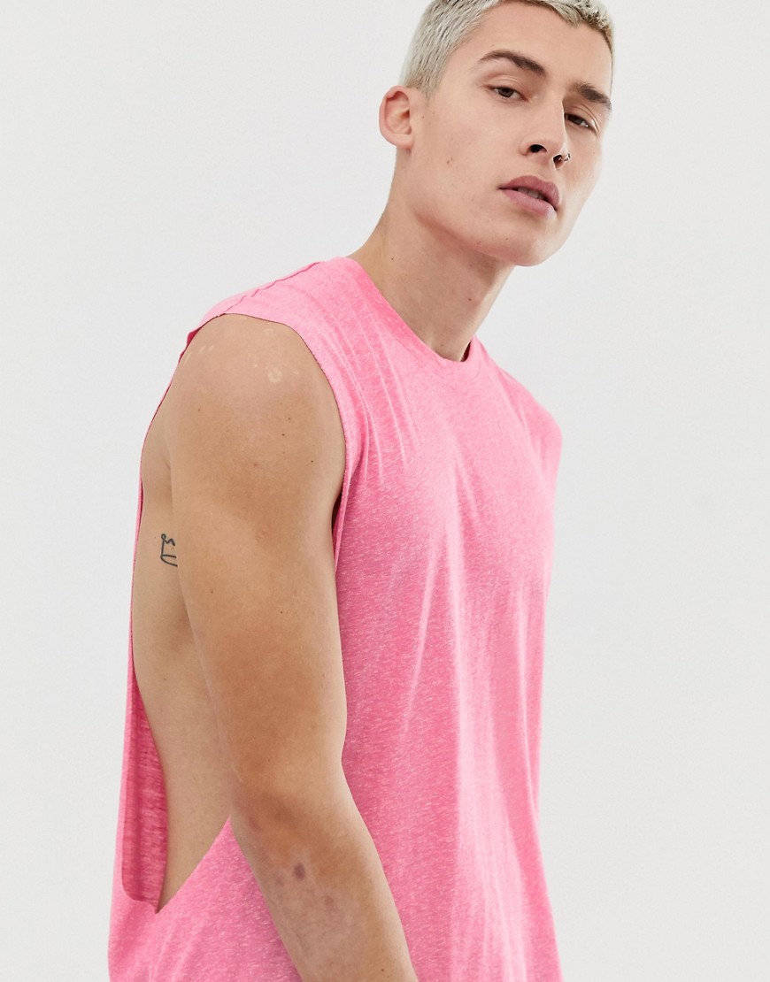ASOS DESIGN Ruimvallend mouwloos T-shirt met extreem verlaagd armsgat van linnenmix in roze