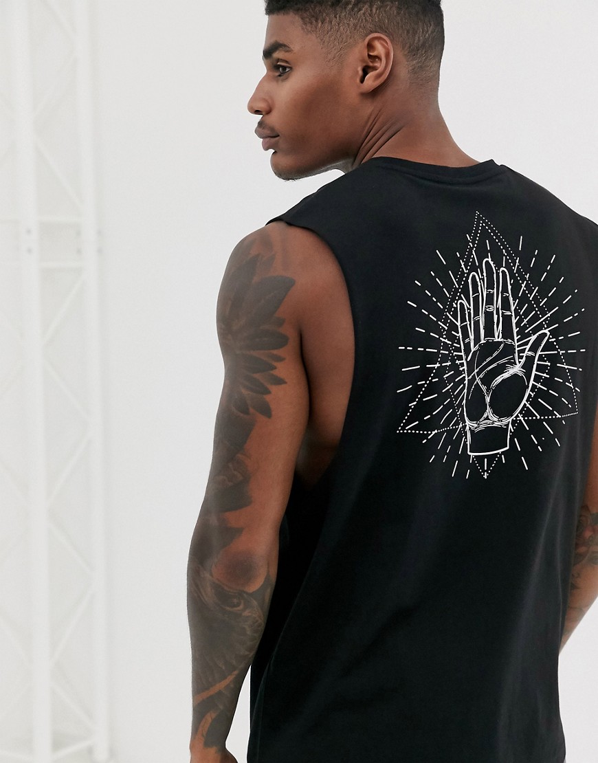 ASOS DESIGN - Ruimvallend mouwloos T-shirt met palmboomprint-Zwart