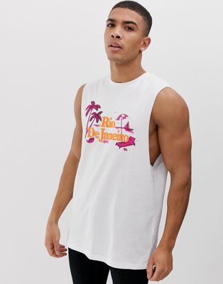 ASOS DESIGN - Ruimvallend mouwloos T-shirt met Rio de Janerio-print-Wit