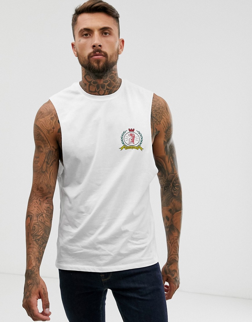 ASOS DESIGN - Ruimvallend mouwloos T-shirt met stadsprint op de borst en achterkant-Wit