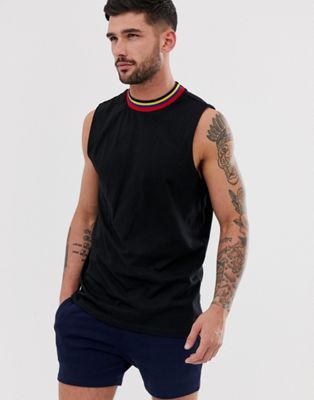 ASOS DESIGN - Ruimvallend mouwloos T-shirt met verlaagd armsgat en contrasterend gekleurd streepje van biologisch katoen in zwart