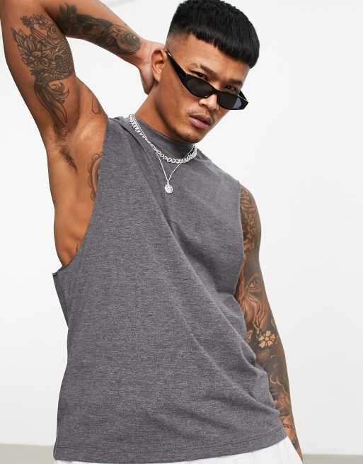 ASOS DESIGN - Ruimvallend mouwloos T-shirt met verlaagd armsgat in gemêleerd antracietgrijs - GREY