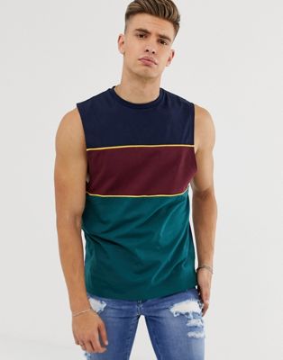 ASOS DESIGN - Ruimvallend mouwloos T-shirt met verlaagde armsgaten en kleurvlakken-Marineblauw