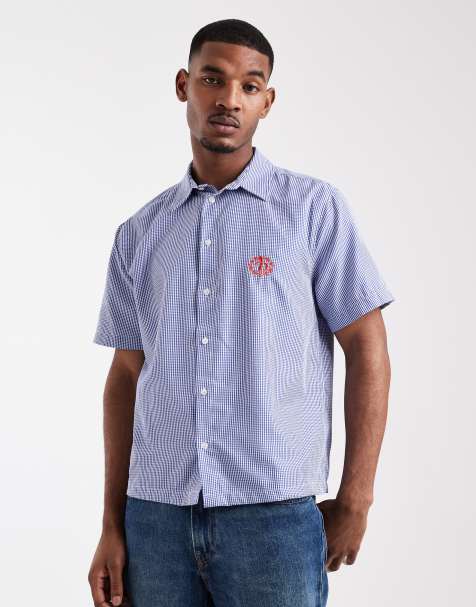 ASOS DESIGN - Ruimvallend overhemd met borduursel op de borst en ruiten in blauw - view 1