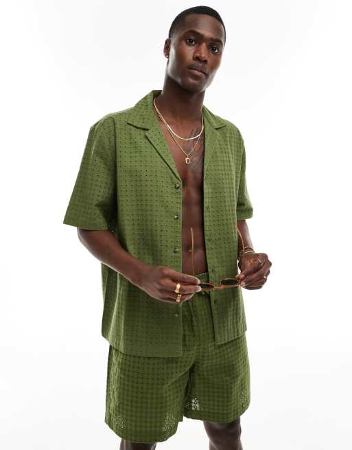 ASOS DESIGN - Ruimvallend overhemd met korte mouwen, reverskraag en broderie in kakigroen, deel van co-ord set