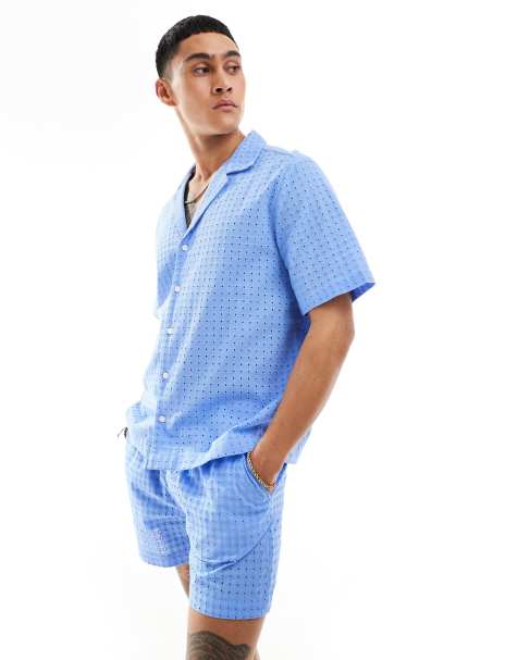 ASOS DESIGN - Ruimvallend overhemd met korte mouwen, reverskraag en broderie in stoffig blauw, deel van co-ord set - view 1