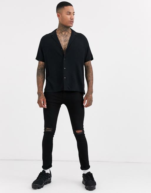 ASOS DESIGN - Ruimvallend overhemd met lage reverskraag van viscose in zwart