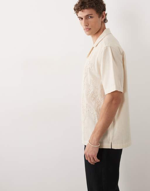 ASOS DESIGN - Ruimvallend overhemd met linnen en koordpatroon in beige, 4 van 7
