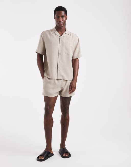 ASOS DESIGN - Ruimvallend overhemd met linnenlook en reverskraag in stone, deel van co-ord set, 3 van 6