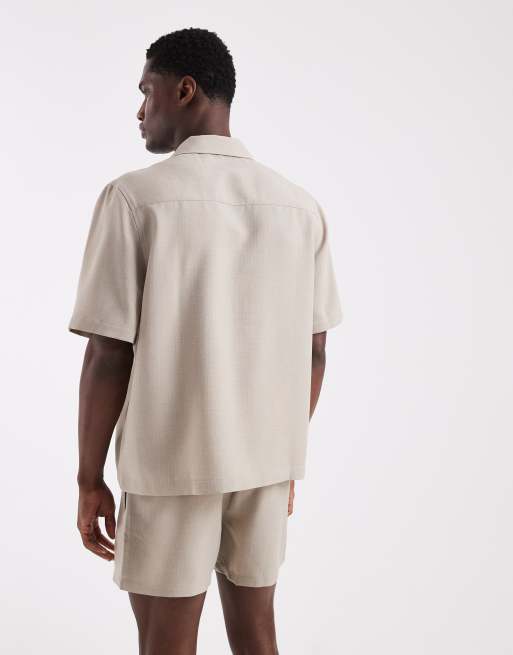 ASOS DESIGN - Ruimvallend overhemd met linnenlook en reverskraag in stone, deel van co-ord set, 4 van 6
