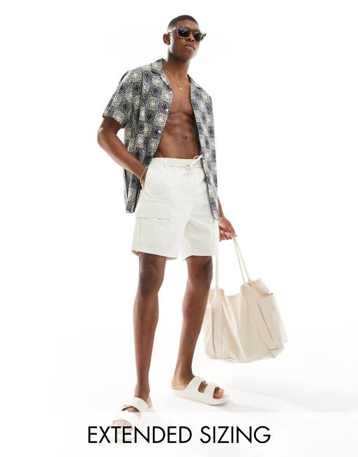 ASOS DESIGN - Ruimvallend overhemd met linnenlook, reverskraag en geometrische tegelprint in marineblauw