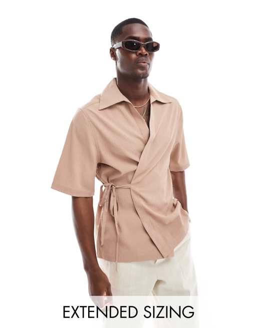 ASOS DESIGN - Ruimvallend overhemd met overslag en textuur in vaalroze