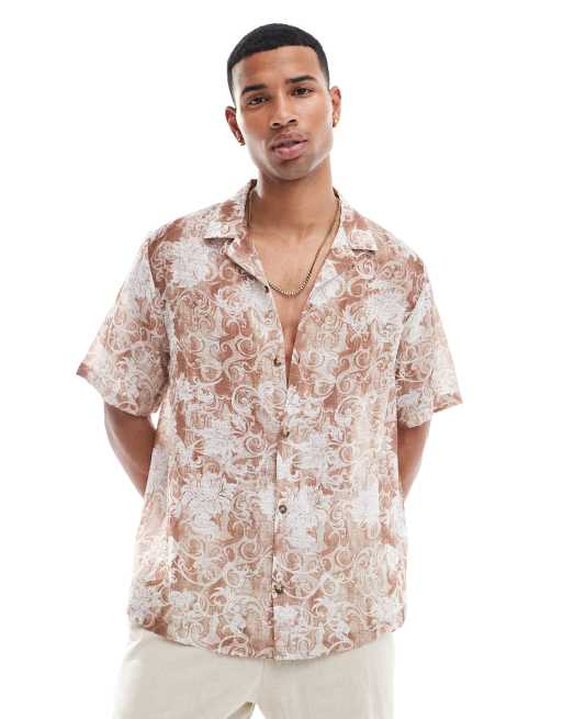 ASOS DESIGN - Ruimvallend overhemd met reverskraag en barokke bloemenprint in neutraal 