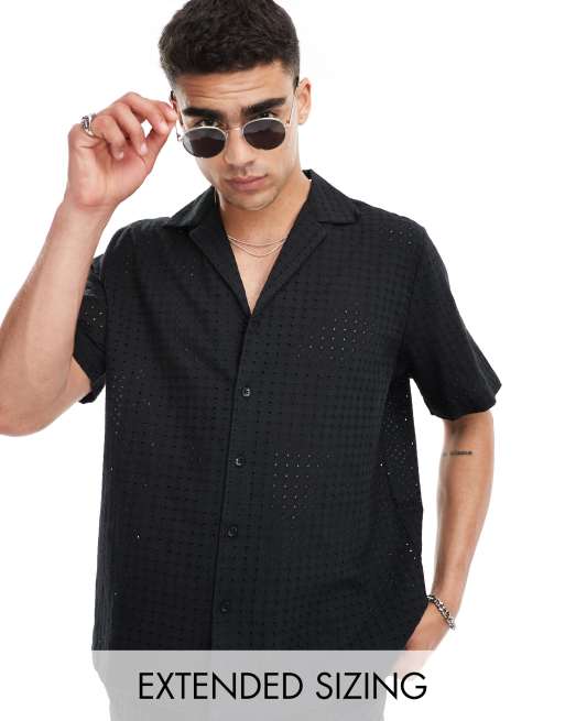 ASOS DESIGN - Ruimvallend overhemd met reverskraag en broderie in zwart, deel van co-ord set
